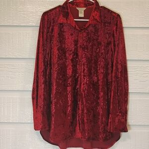 Multiples Blouse Women's Medium Crushed Cranberry Red Velvet Button Up 90s Y2K